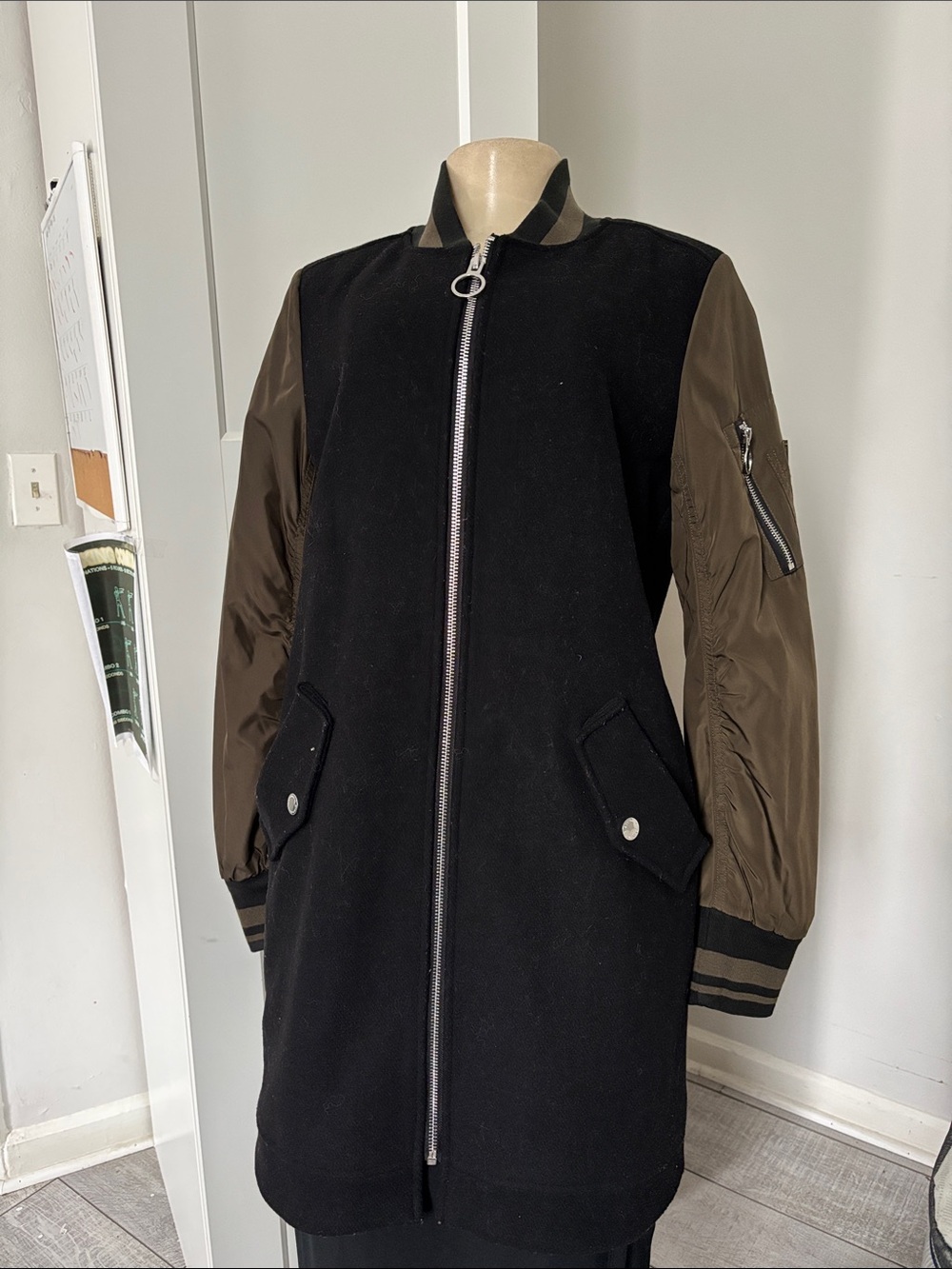 BCBGeneration Black Wool Bomber Coat with Olive Sleeves